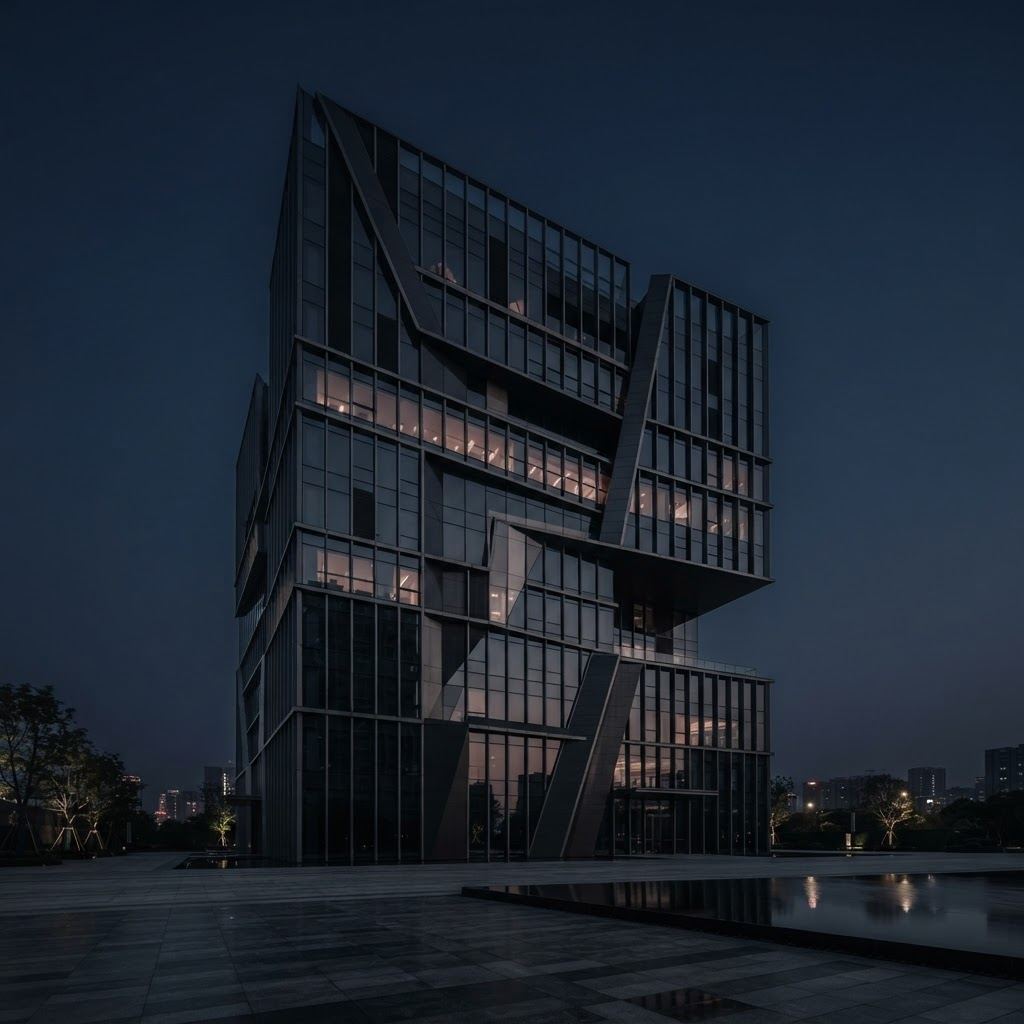 Modern architectural building facade at dusk